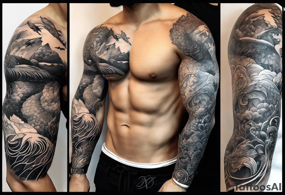Full sleeve tattoo of ocean animals with Poseidon tattoo idea