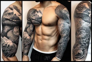 Full sleeve tattoo of ocean animals with Poseidon tattoo idea