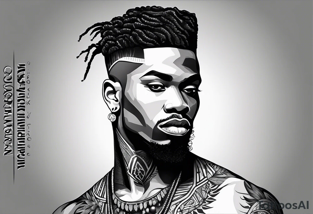 homem divindade africano realista em preto e cinza com os olhos vermelhos. Fundo da imagem com tons vermelhos. Usando na mão um falo de madeira com cabaças penduradas. tattoo idea