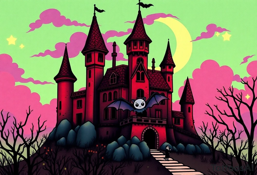 Tim Burton’s haunted castle is abandoned and dripping with muted reds, dusty pinks, and eerie green glow.purple and cyan smokey clouds swirl in the crescent moonlit sky thats sprinkled with stars under the castle an adorable kawaii bat spreads its wings tattoo idea tattoo idea