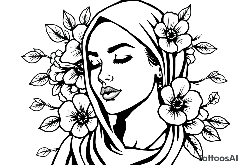 traditonal lady with head scarf with flowers tattoo idea