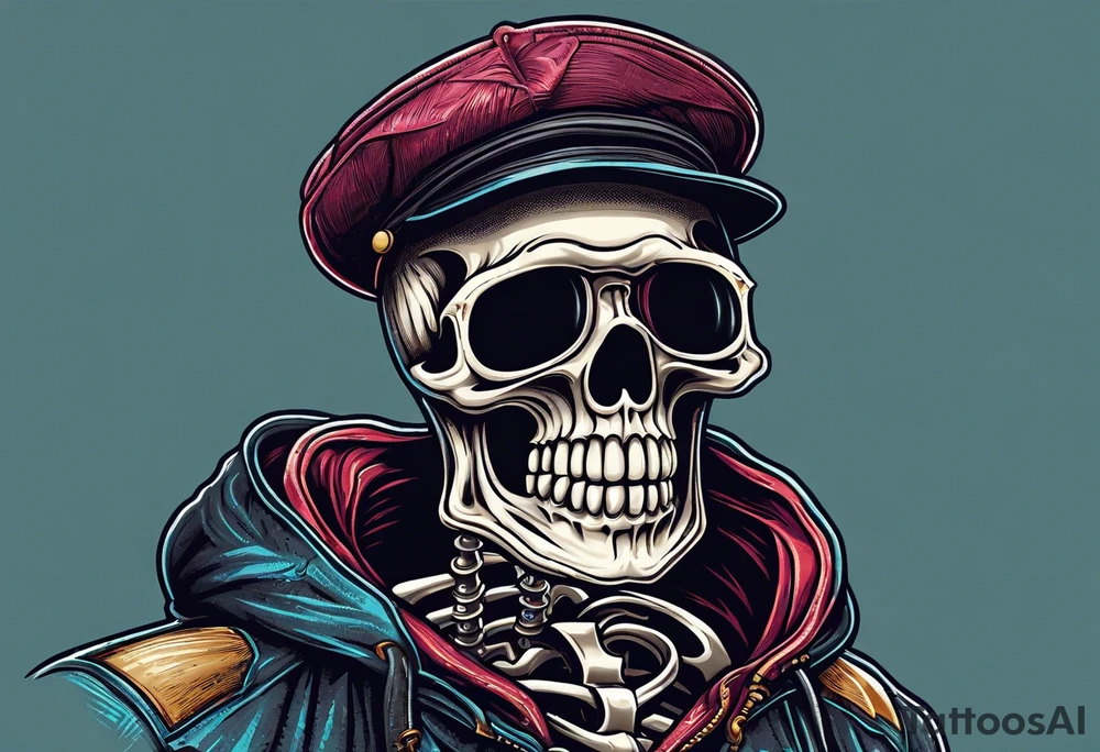 skeleton wearing 80s style licra and cap rides a road racing bicycle. The skeleton is grinning at the viewer. There is no background image tattoo idea