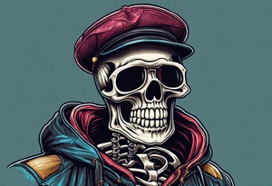 skeleton wearing 80s style licra and cap rides a road racing bicycle. The skeleton is grinning at the viewer. There is no background image tattoo idea