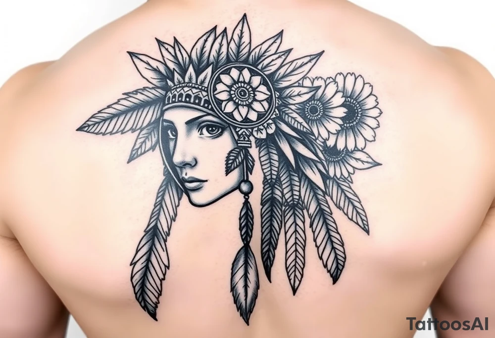Native american medusa with black eyes, dream catcher on her forehead, and feathers and sunflowers in her hair tattoo idea