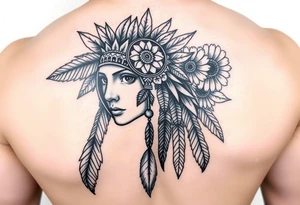 Native american medusa with black eyes, dream catcher on her forehead, and feathers and sunflowers in her hair tattoo idea