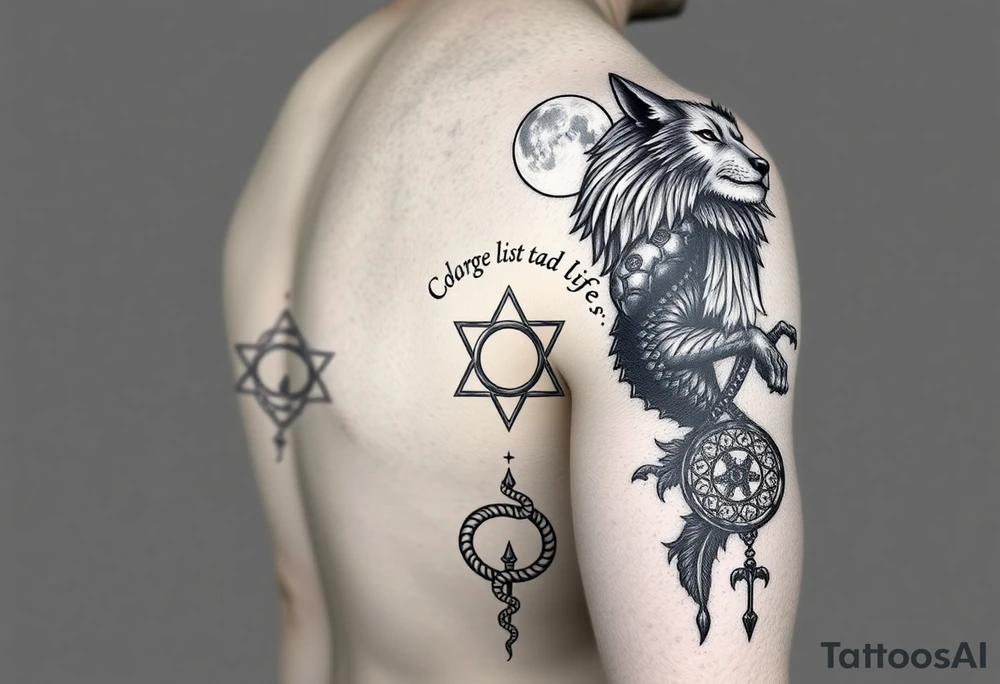Right arm sleeve for men 
With wolf and moon on the top then Triskelion: Cycles of life then Ouroboros then something else tattoo idea