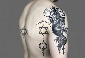 Right arm sleeve for men 
With wolf and moon on the top then Triskelion: Cycles of life then Ouroboros then something else tattoo idea