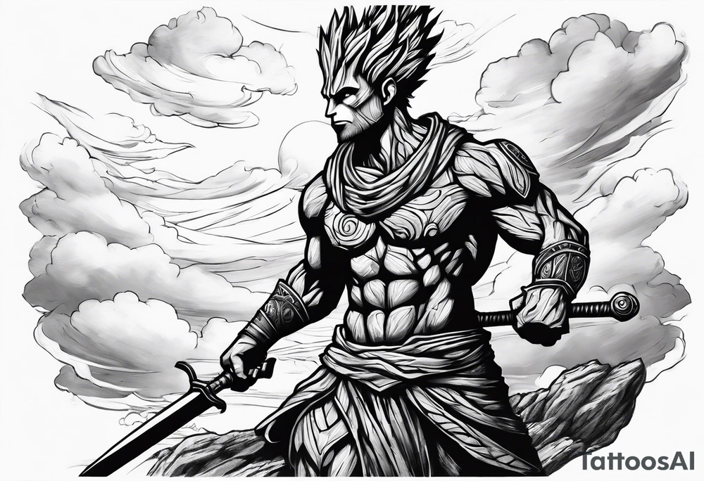 Groot greek warrior with sword, clouds behind tattoo idea