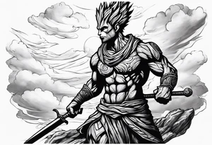 Groot greek warrior with sword, clouds behind tattoo idea