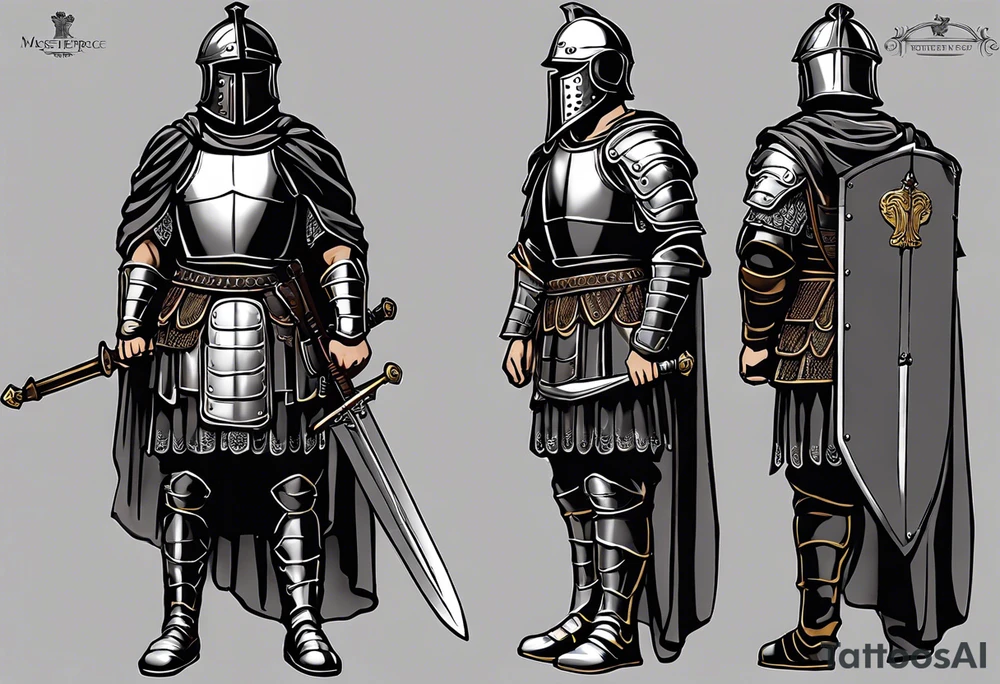 a sketch of a high ranking roman soldier from AD 60, wearing armour which must include an armoured belt, breastplate, armoured shoes, shield, helmet and sword.
the soldier must look strong. the soldier is faceless. The image must include the full person, not just the top half. The soldier is mid-battle, fending off flaming arrows with his shield tattoo idea