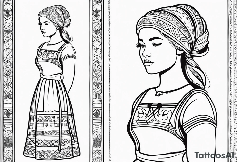A tattoo design of a girl in the Norwegian national dress. Linework only, full body tattoo idea