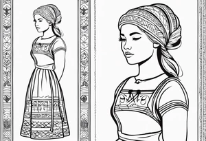 A tattoo design of a girl in the Norwegian national dress. Linework only, full body tattoo idea