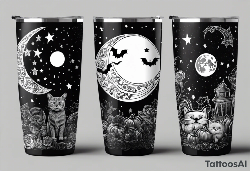 20 oz tumbler banner design, candy, minimalist, spellbound, voodoo, cat, moon, stars, Halloween tattoo idea