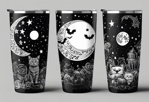 20 oz tumbler banner design, candy, minimalist, spellbound, voodoo, cat, moon, stars, Halloween tattoo idea