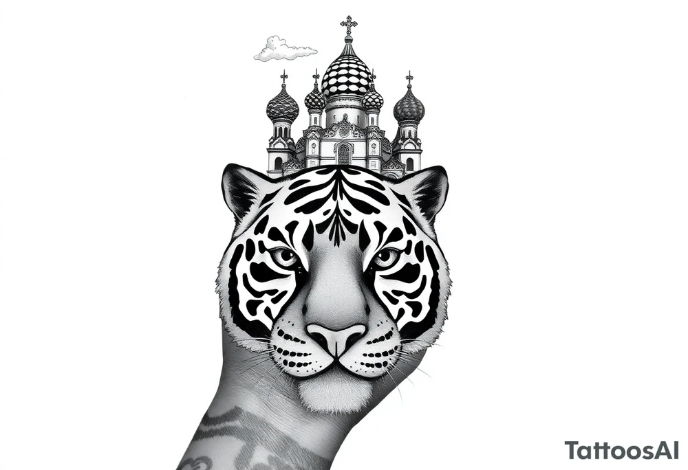 Realistic tiger face on the back of the hand with strong contrast and fine detail with all black eyes. then a highly detailed Russian Orthodox cathedral sitting above on the top fore arm with onion domes and orthodox crosses, done in fine line, engraving-like style. Cohesive composition, black ink only, no color, high contrast, slightly aged, documentary-style, plain light background. with clouds above and a virgin mary tattoo idea