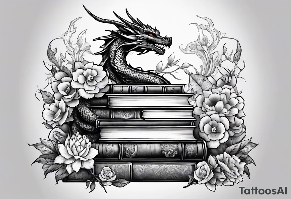 Dragon stack of books flowers tattoo idea