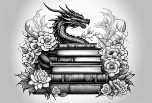 Dragon stack of books flowers tattoo idea