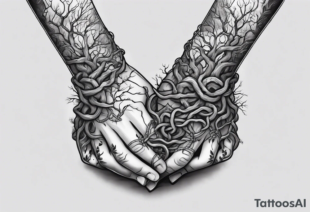 tattoo fool sleeve, tree roots break out of the chains at the bottom of the hand tattoo idea