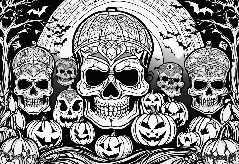 evil jack-o-lanterns on human heads with bats in caves and penny wise in the background cemetary payground tattoo idea