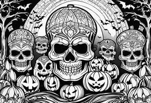 evil jack-o-lanterns on human heads with bats in caves and penny wise in the background cemetary payground tattoo idea