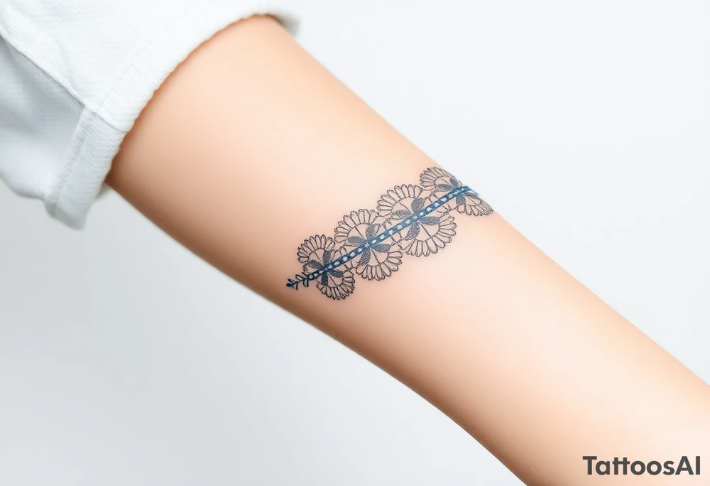 A lace ribbon around the forearm, with fine embroidery-inspired details tattoo idea