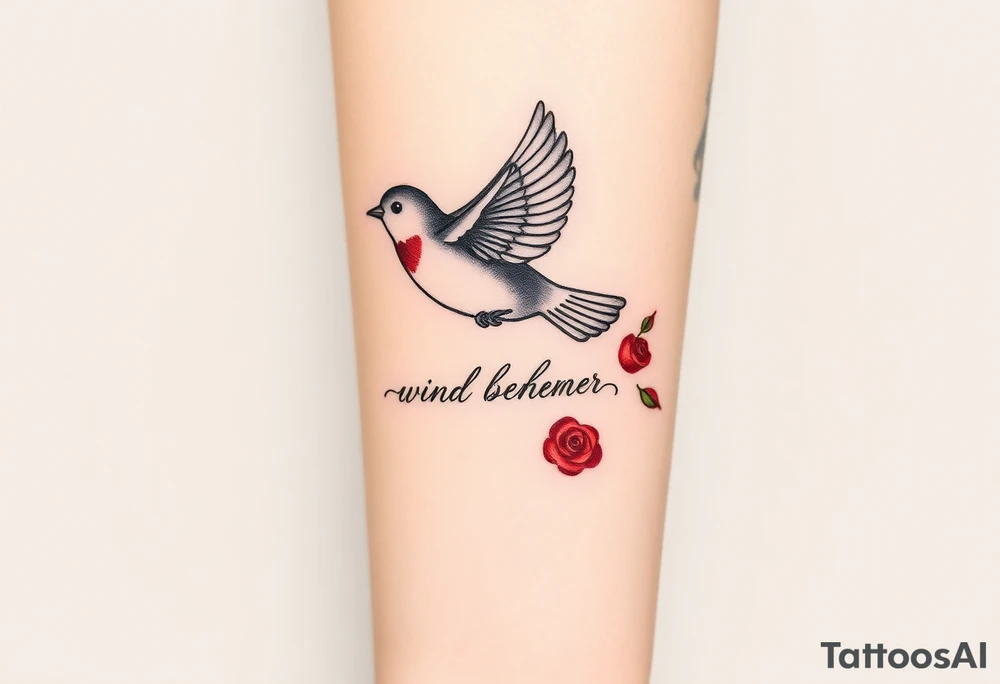 Soaring robin with trail of red rose petals with writing saying wind beneath my wings tattoo idea