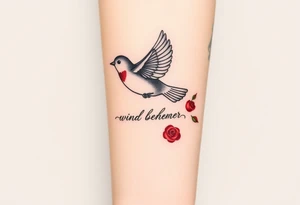 Soaring robin with trail of red rose petals with writing saying wind beneath my wings tattoo idea