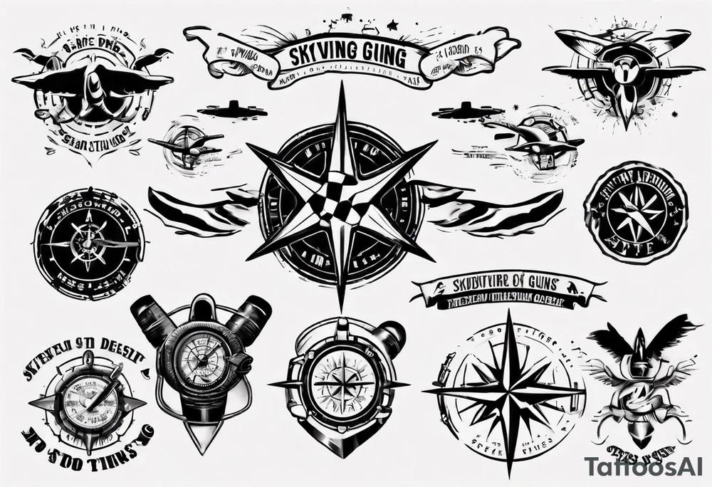 skydiving, shooting guns, compass, adventure tattoo idea