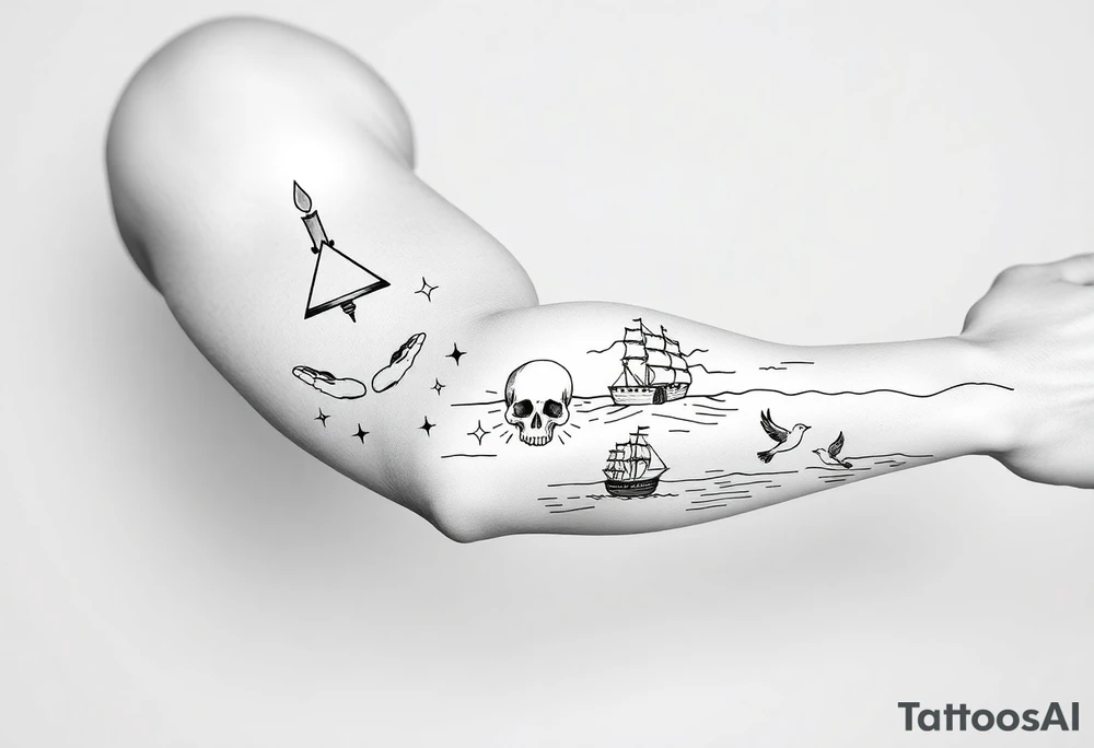 make a seamless sleeve design for a left arm from top of shoulder to wrist in fine line art that includes the images: candlestick, triangle, open hands, light, crown, a path, jacob wrestling with God, skull, ocean, bison, shepherd crook, dove, electricity, ship on the sea tattoo idea