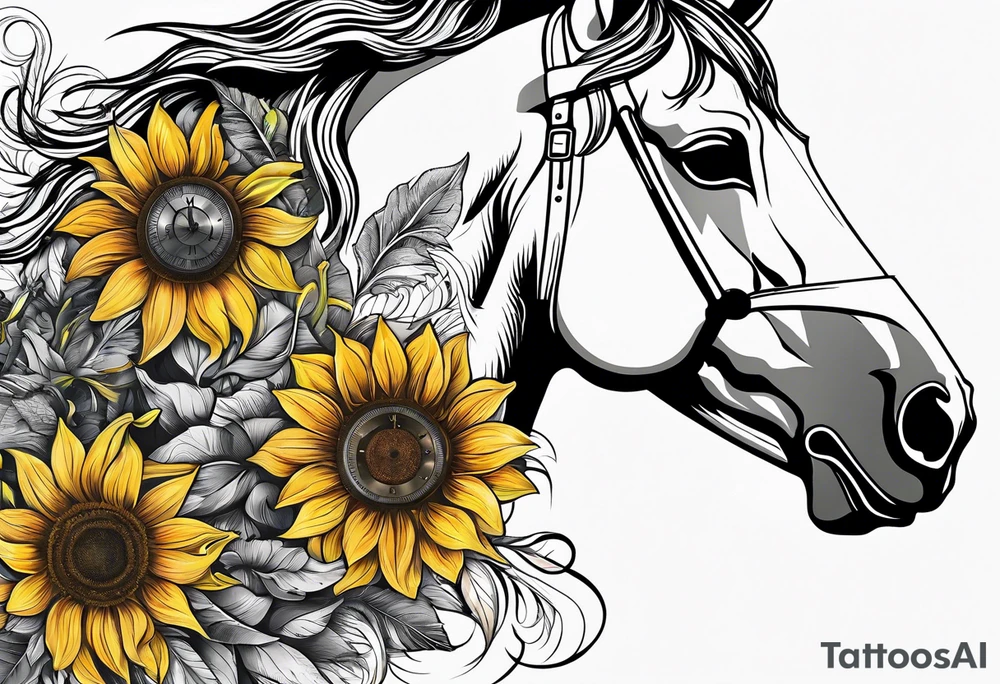 Horse, compass, sunflower tattoo idea