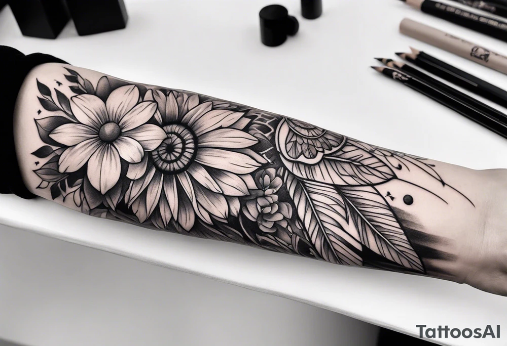 arm sleeve with dreamcatcher, rainbow flowers and one butterfly tattoo idea
