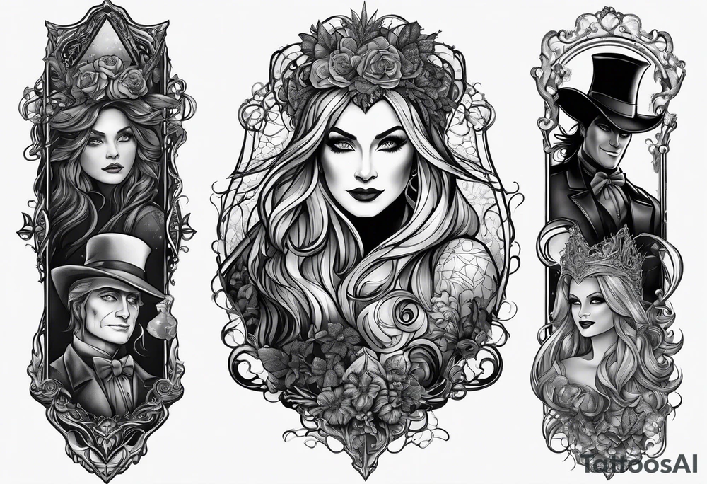 full arm sleeve very dark with characters from wicked: elphaba, Glinda, fiyero, tattoo idea