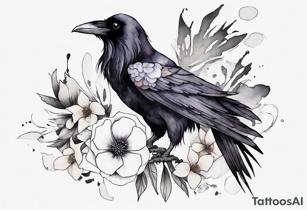 a raven with a white flower in hair tattoo idea
