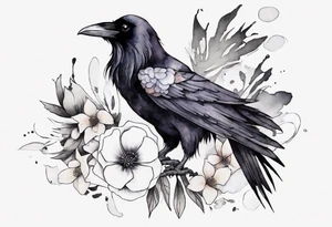 a raven with a white flower in hair tattoo idea