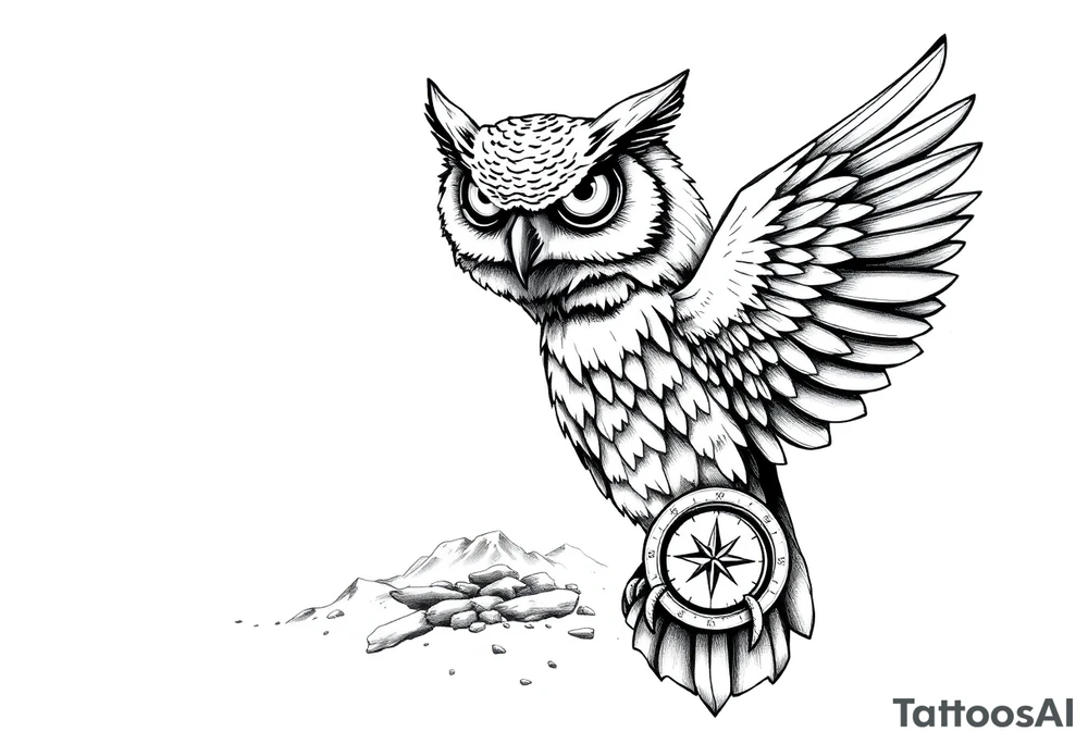 an owl,a compass,landscape. tattoo idea