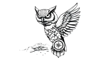 an owl,a compass,landscape. tattoo idea