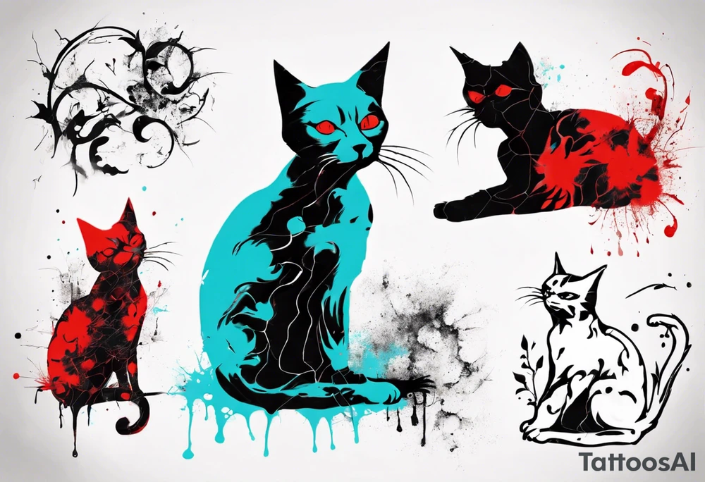 Black cat in the style of Banksy and Xoil, acquarel,  abstract, red and cyan, fractal, tattoo idea