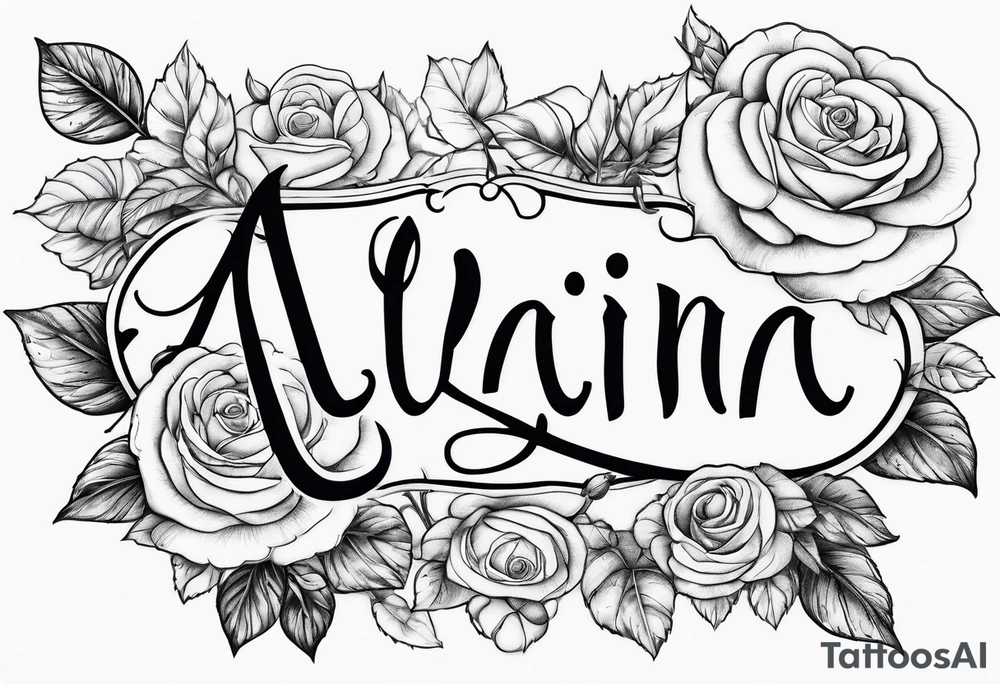 The name Alaina in cursive with roses around it tattoo idea