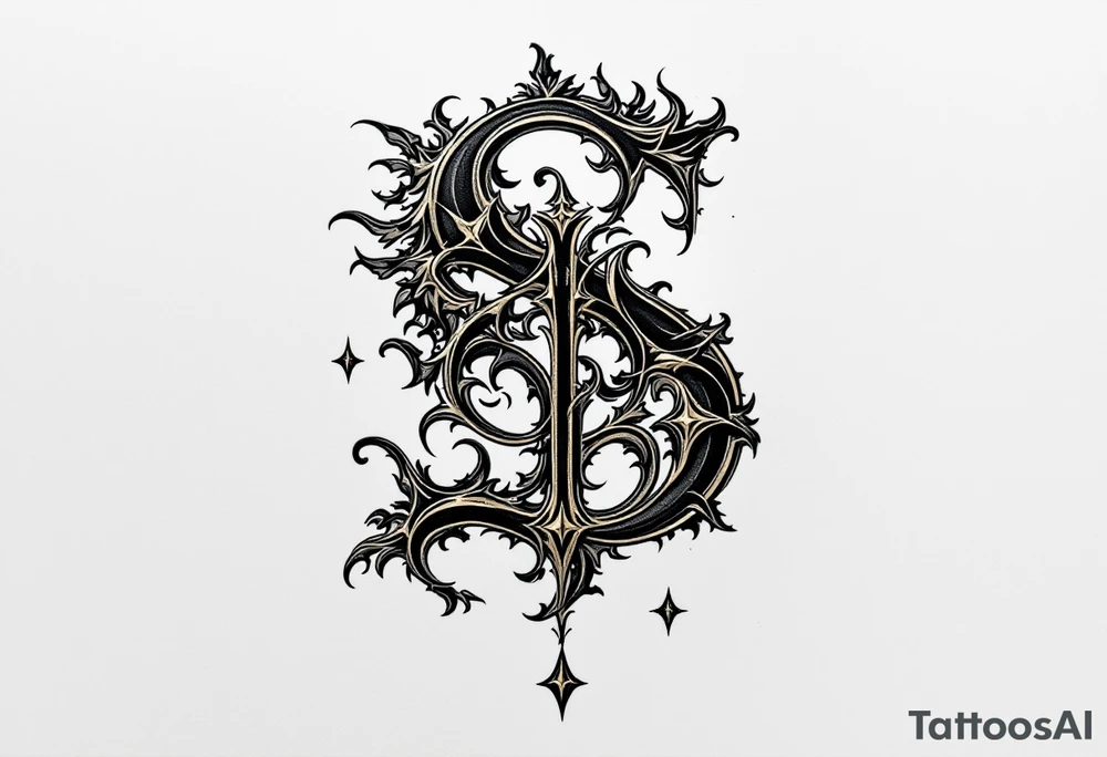 A black and gold "S" designed like an ancient monogram with regal details. tattoo idea