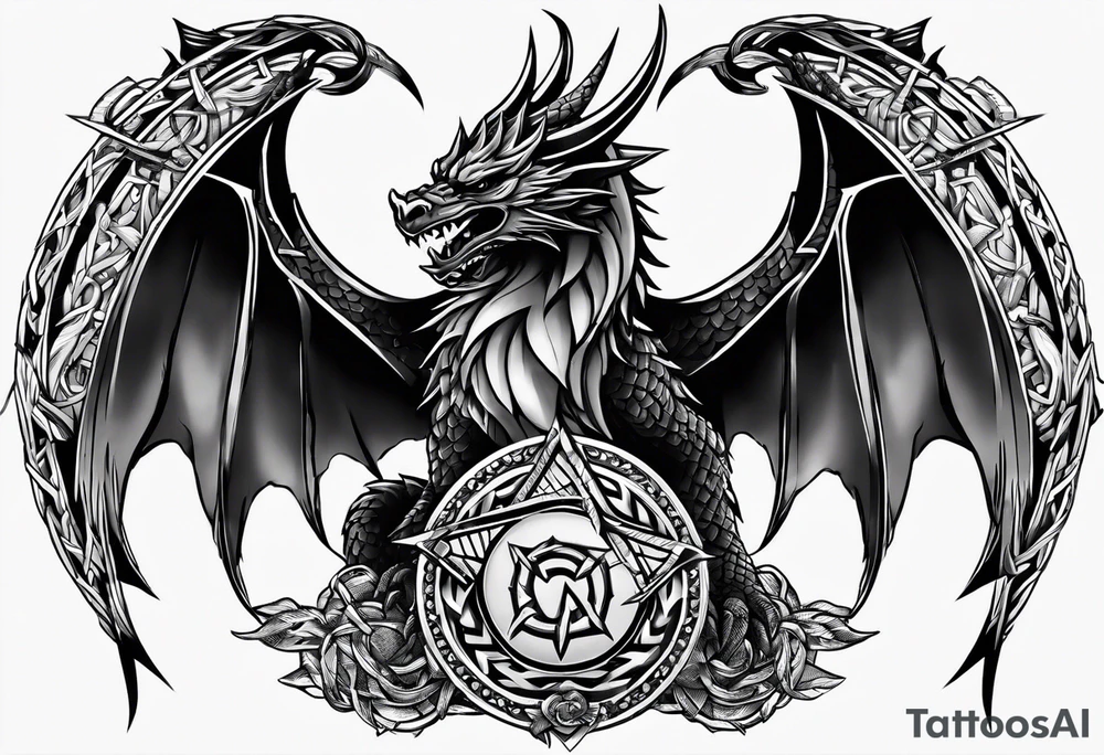 Valhalla sword shield dragon axe Valknut barbed wire chains tattoo idea