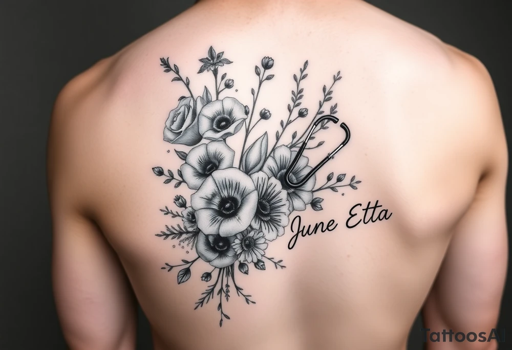 6 inches tall by 4 inches wide approximately, black and white tattoo with a bouquet of hollyhocks, one wild rose, and wild flowers, include a stethoscope along the side without putting it into the bouquet and the name June Etta , make the stethoscope more noticeable and make the tattoo taller than it is wide tattoo idea