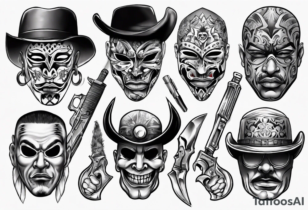 realistic chicano
masks, weapons and gangsters tattoo idea realistic chicano
masks, weapons and gangsters tattoo idea