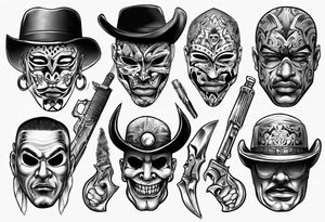 realistic chicano
masks, weapons and gangsters tattoo idea