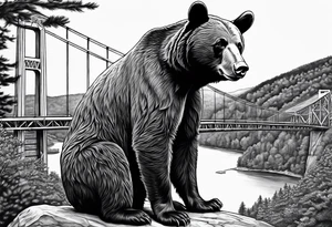 Large thigh tattoo, realism, black and white, black bear with the new river gorge bridge in the background tattoo idea