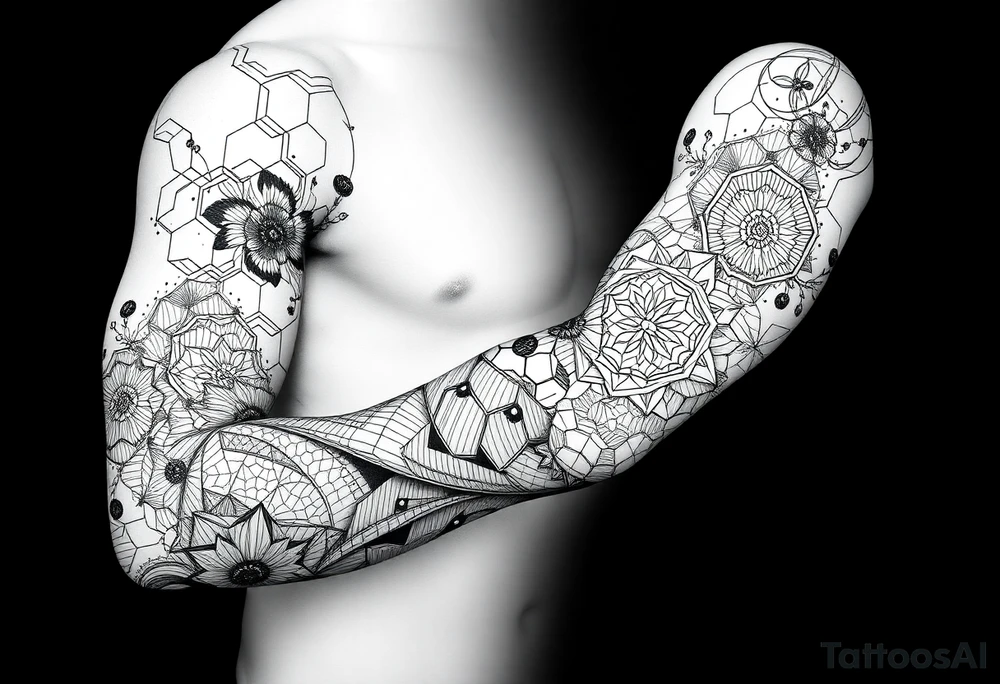 design a full “sleeve” tattoo that consists of a base layer of abstract hexagon pattern overlaid with a little blackwork abstract while incorporating the top tattoo and integrating slight biomech designs tattoo idea