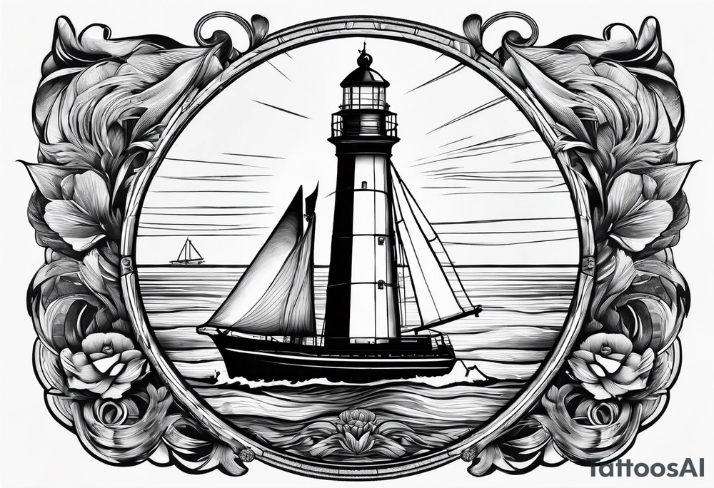 maritime lighthouse in a front view sailboat serving as a mast for a sail. tattoo idea