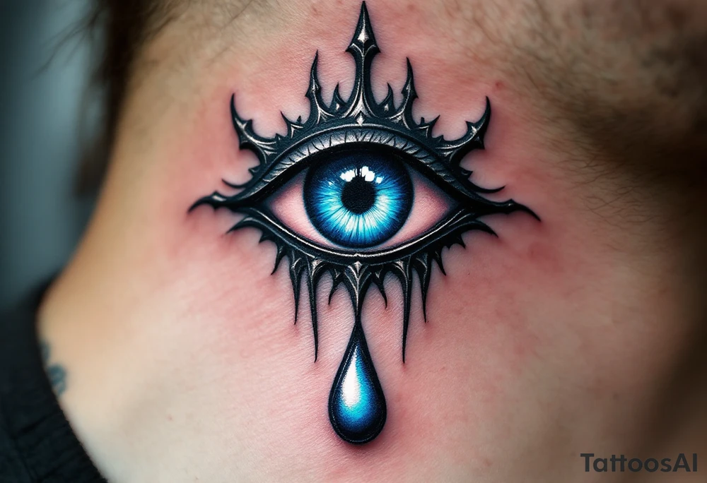 A black Nazar symbol (evil eye) with rich blue irises and a silver tear drop below. tattoo idea
