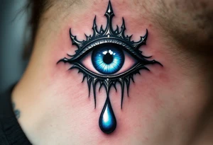 A black Nazar symbol (evil eye) with rich blue irises and a silver tear drop below. tattoo idea