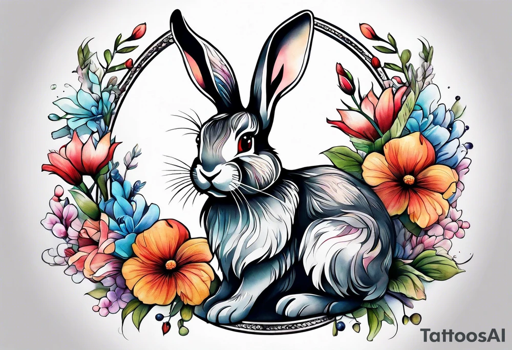 Rabbit and flowers, spine tattoo cover up tattoo idea