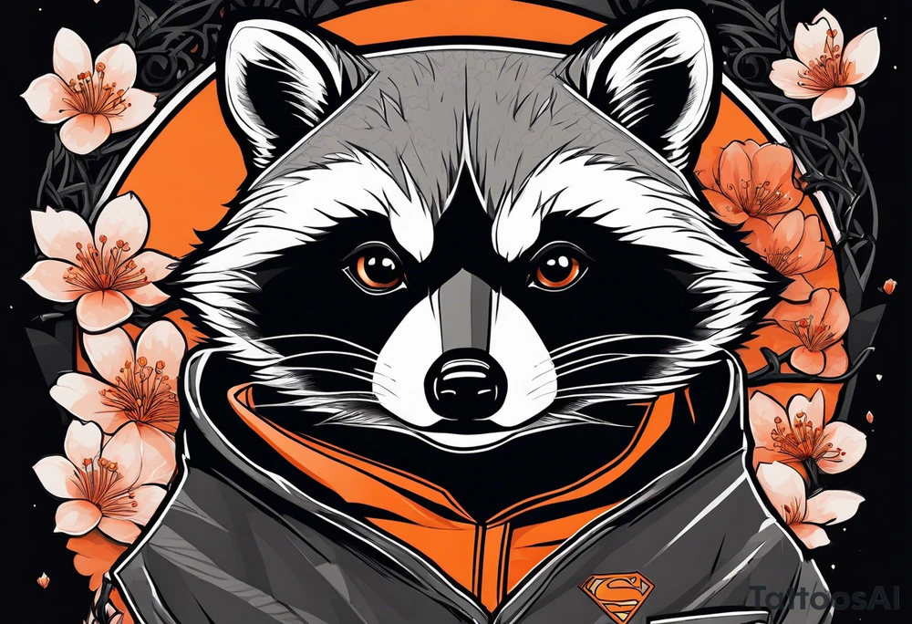 Raccoon wearing a white Superman logo on a black hoodie and orange Japanese cherry blossoms tattoo idea